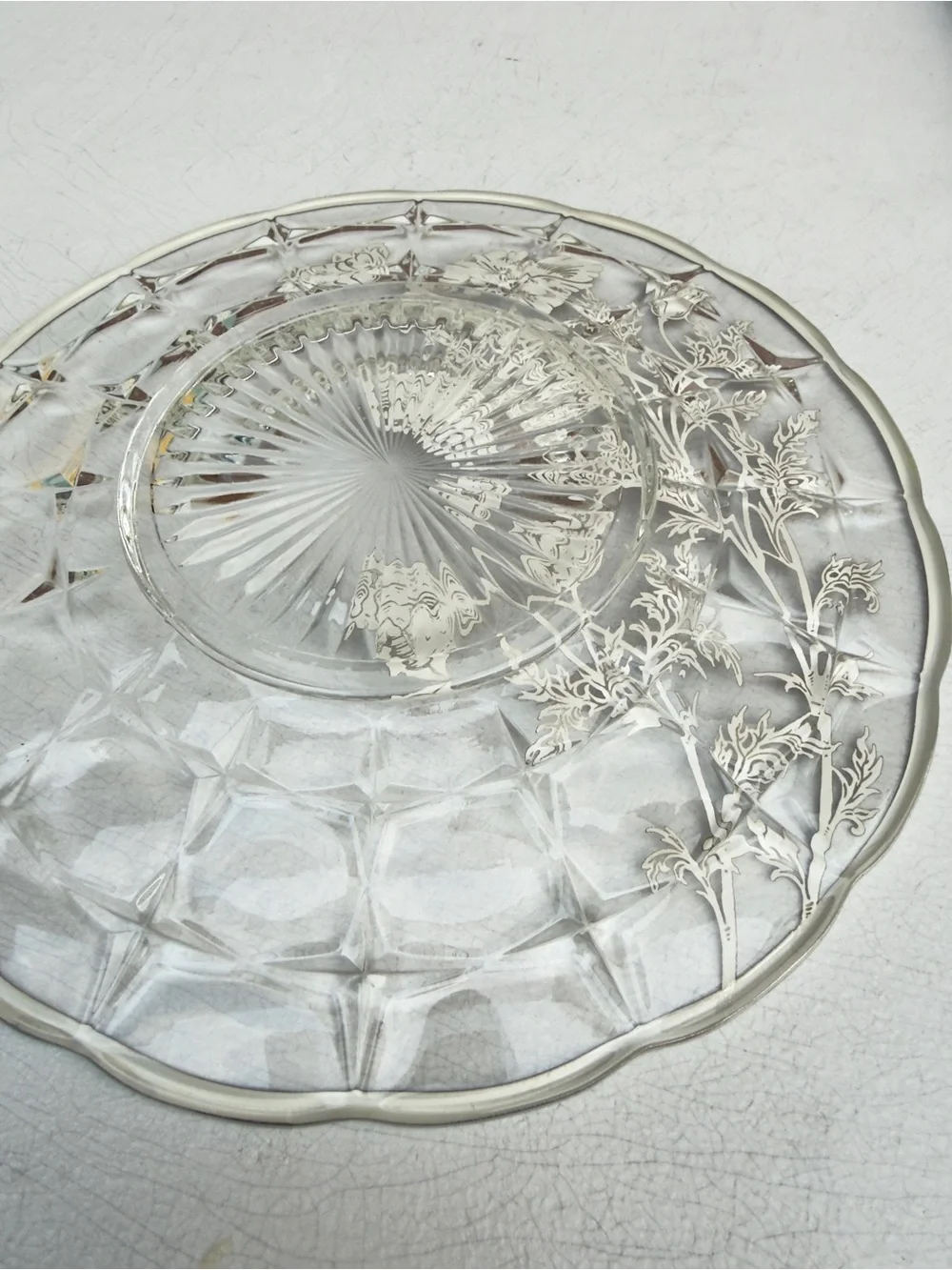 Vintage Silver City Glass Flanders Poppy Serving Plate Sterling Silver Overlay